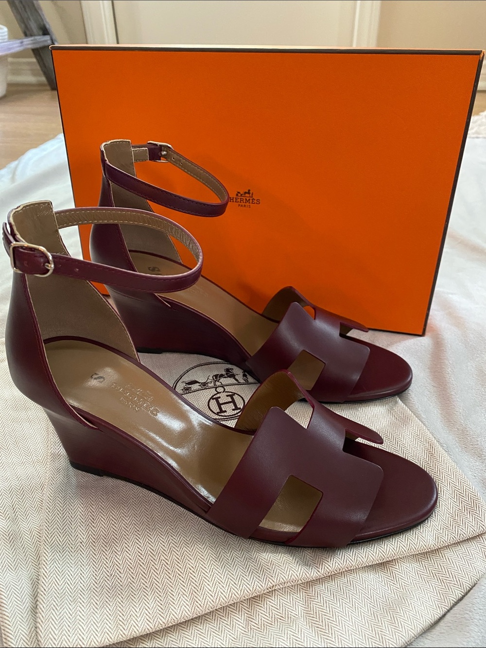 Hermes “Legend” Burgundy Ankle-Strap Wedge Sandals